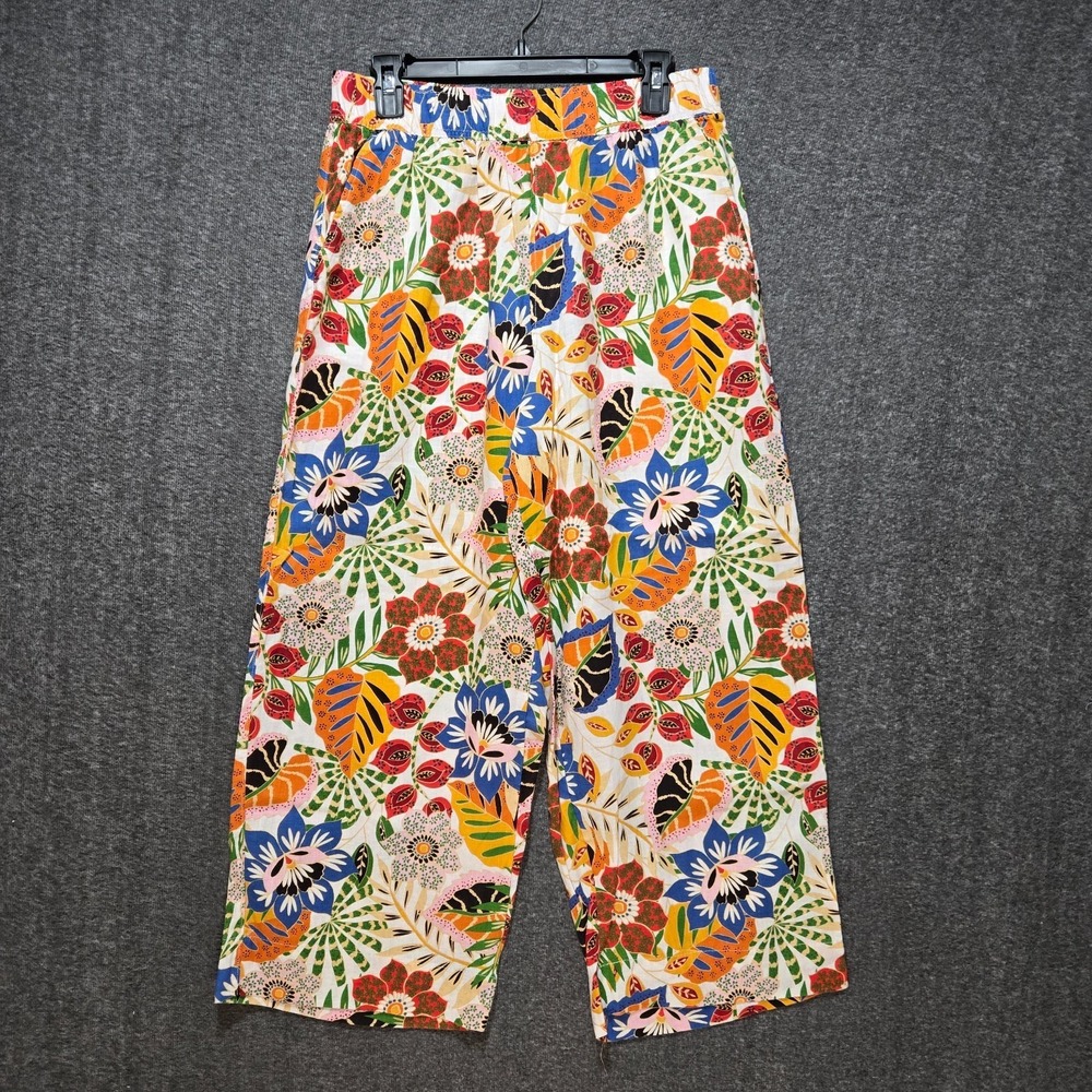 C&C California Womens Sz M Linen Rainbow Floral Wide Leg Pull On Pants